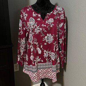 Kim Rogers Tunic‎ Blouse XL Floral 3/4 Sleeve Split Neck Maroon Boho Casual NWT